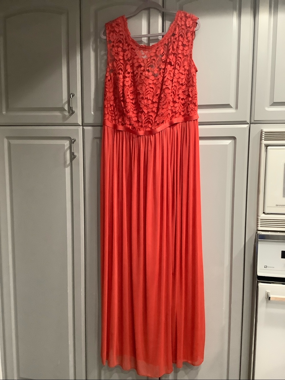 David's Bridal Coral Lace Bodice Chiffon Skirt Dress Sz 18